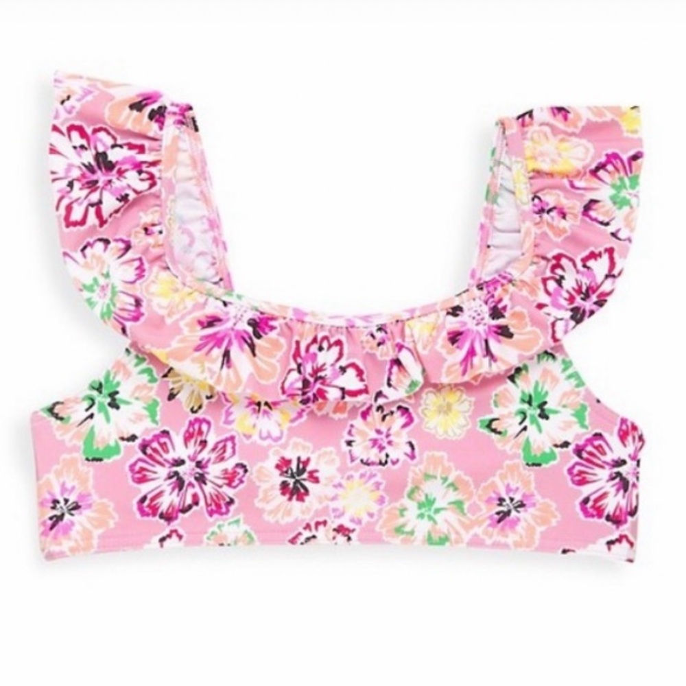 Tanya Taylor Swim Kids Bikini Top Small Girls Pink Floral Lined Ruffles Top Only